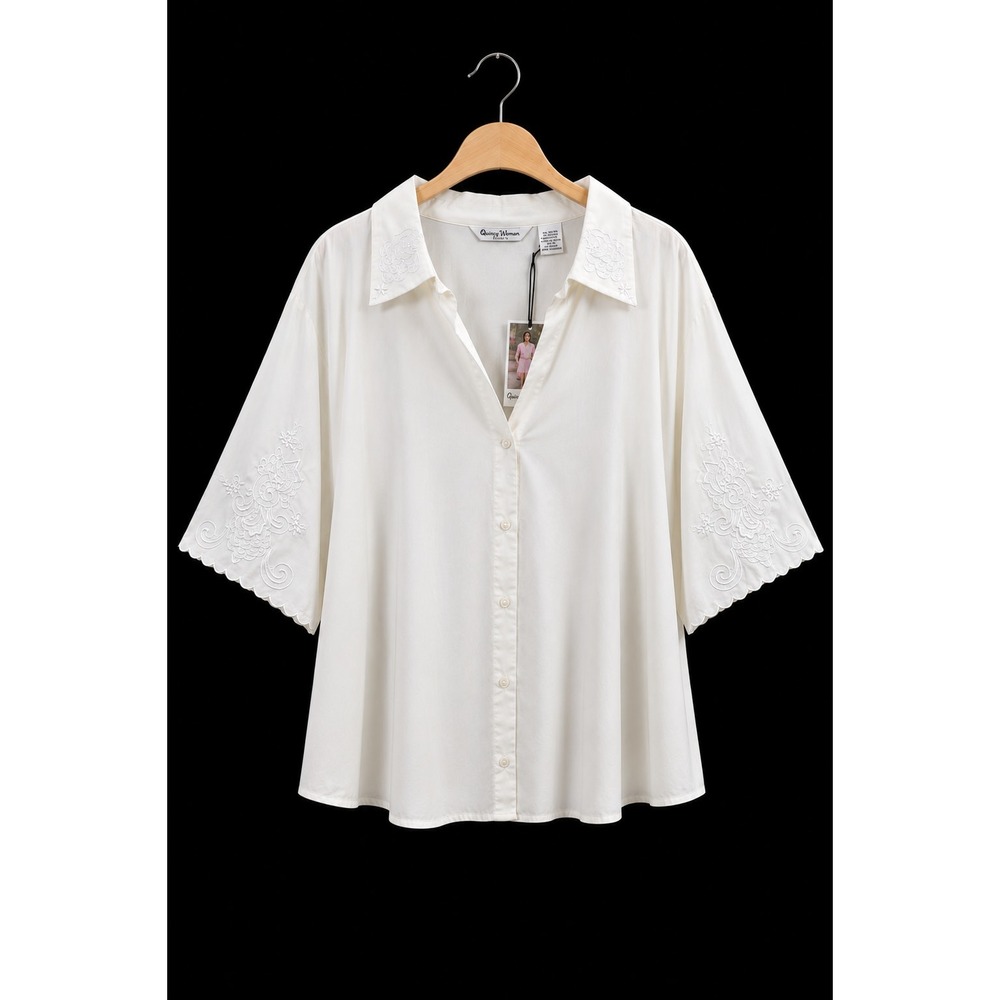 Quizz Woman Stretch Embroidered Floral Shirt Blouse Size 28W Cream Cottagecore
